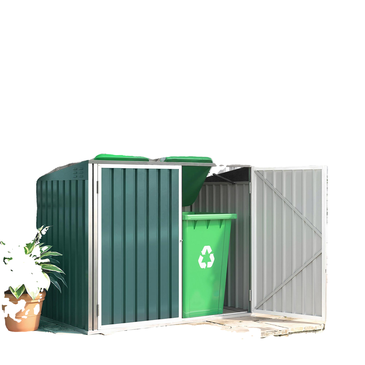Outdoor Steel Wheelie Trash Can, Storage Shed With Double Door & Lid Rubbish Cover for 2 Trash Cans