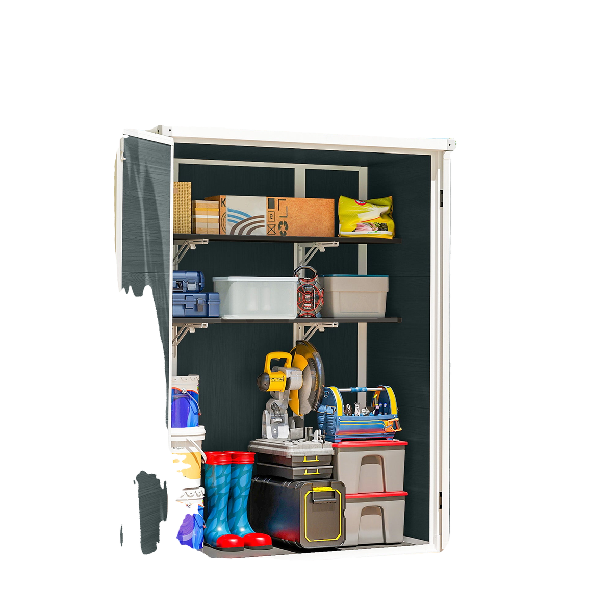 Outdoor 4.4' x 2.3' Plastic Storage Shed with Lockable Doors and Foldable Shelves, Wood-Effect Garden Shed, Grey