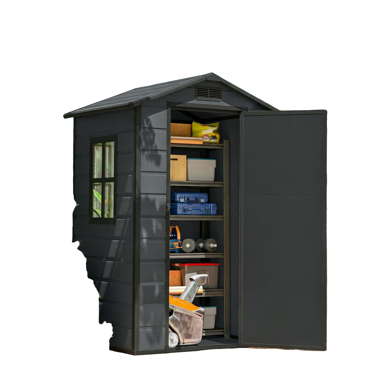 4' x 3' Plastic Garden Shed with Floor, Outdoor Small Shed with Lockable Door, Window and Vent, Dark Grey