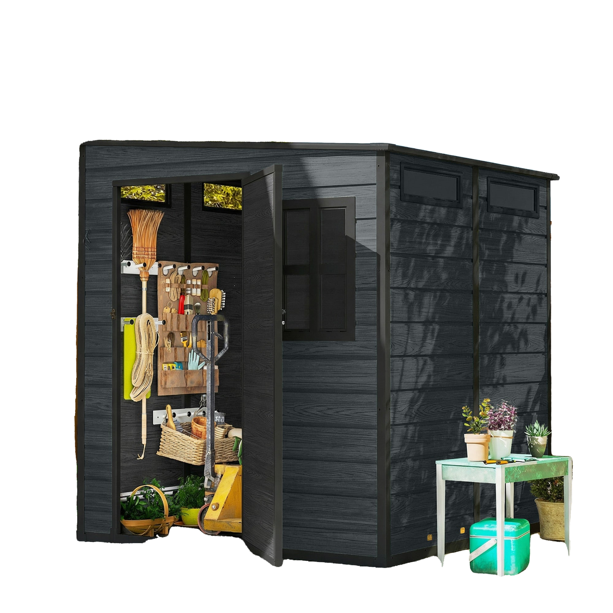 Outdoor Storage Shed with Lockable Door, Garden Shed with Vents and Windows for Backyard, Dark Grey