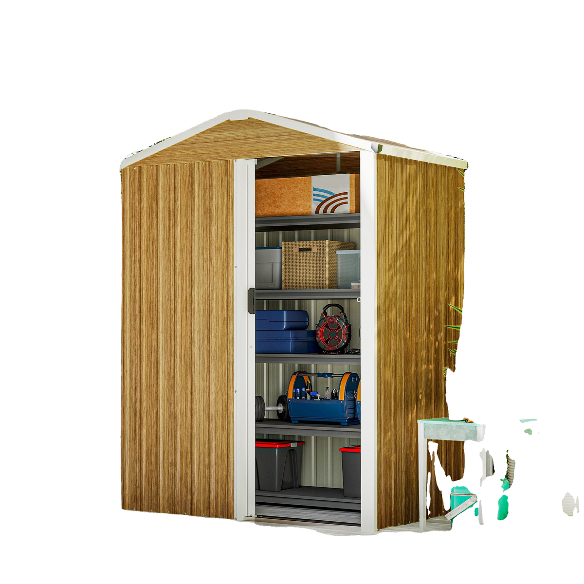 4.5 x 3ft Outdoor Storage Shed, Waterproof Metal Garden Shed with Lockable Door for Backyard, Patio, Lawn, Wood Grain
