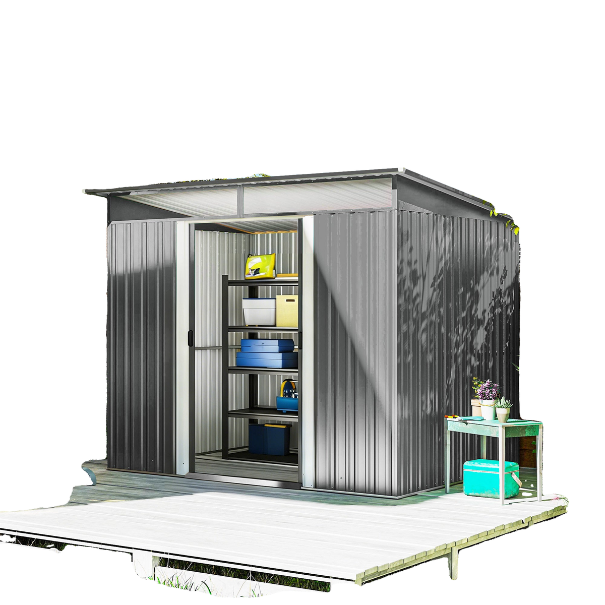 9' x 6.5' Outdoor Metal Garden Shed Utility Tool Storage Steel Backyard Storage House, Light Grey