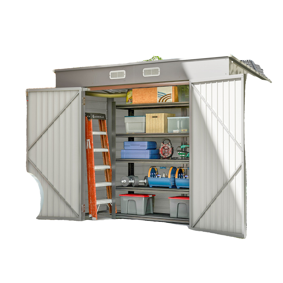 8 x 4FT Galvanized Garden Storage Shed, Metal Outdoor Shed with Double Doors and 2 Vents, Light Grey