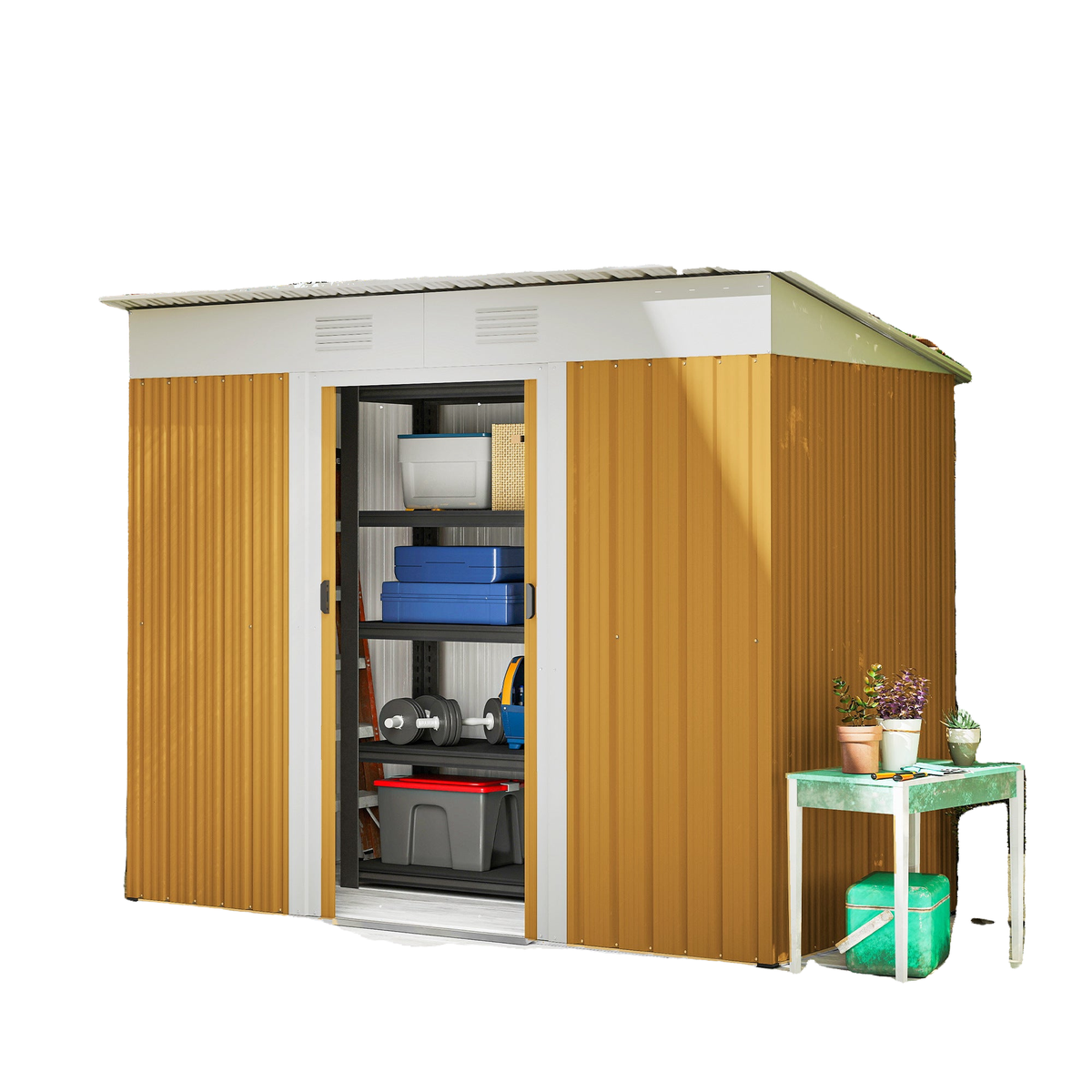 7' x 4' Outdoor Storage Shed, Metal Garden Tool Storage House Organizer with Lockable Sliding Doors and Vents for Backyard Patio Lawn, Yellow