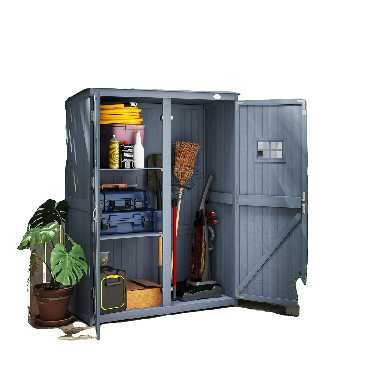 4x1.5ft Wooden Garden Storage Shed, Outdoor Tool Cabinet Organizer with Windows and Double Door, Dark Grey