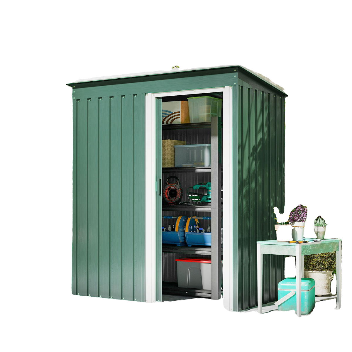5 x 3 FT Outdoor Storage Shed with Sliding Door and Sloped Roof, Steel Frame Garden Shed Tool Equipment, Green