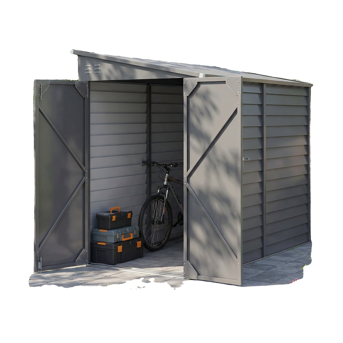 4.6' x 9' Steel Outdoor Storage Shed, Lean to Shed, Metal Tool House with Foundation Kit, Lockable Doors, Gloves and 2 Air Vents for Backyard, Patio, Lawn, Grey