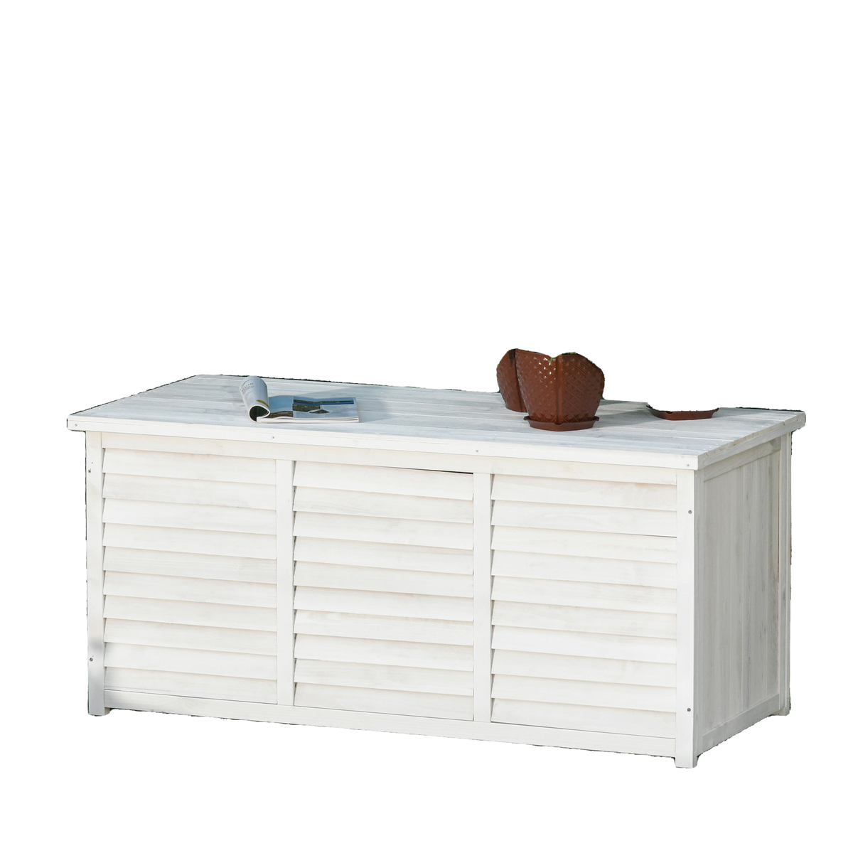 75 Gallon Wooden Storage Box patio Deck Box Bench, Garden Backyard Outdoor Storage Container with Aerating Gap & Weather-Fighting Finish, White