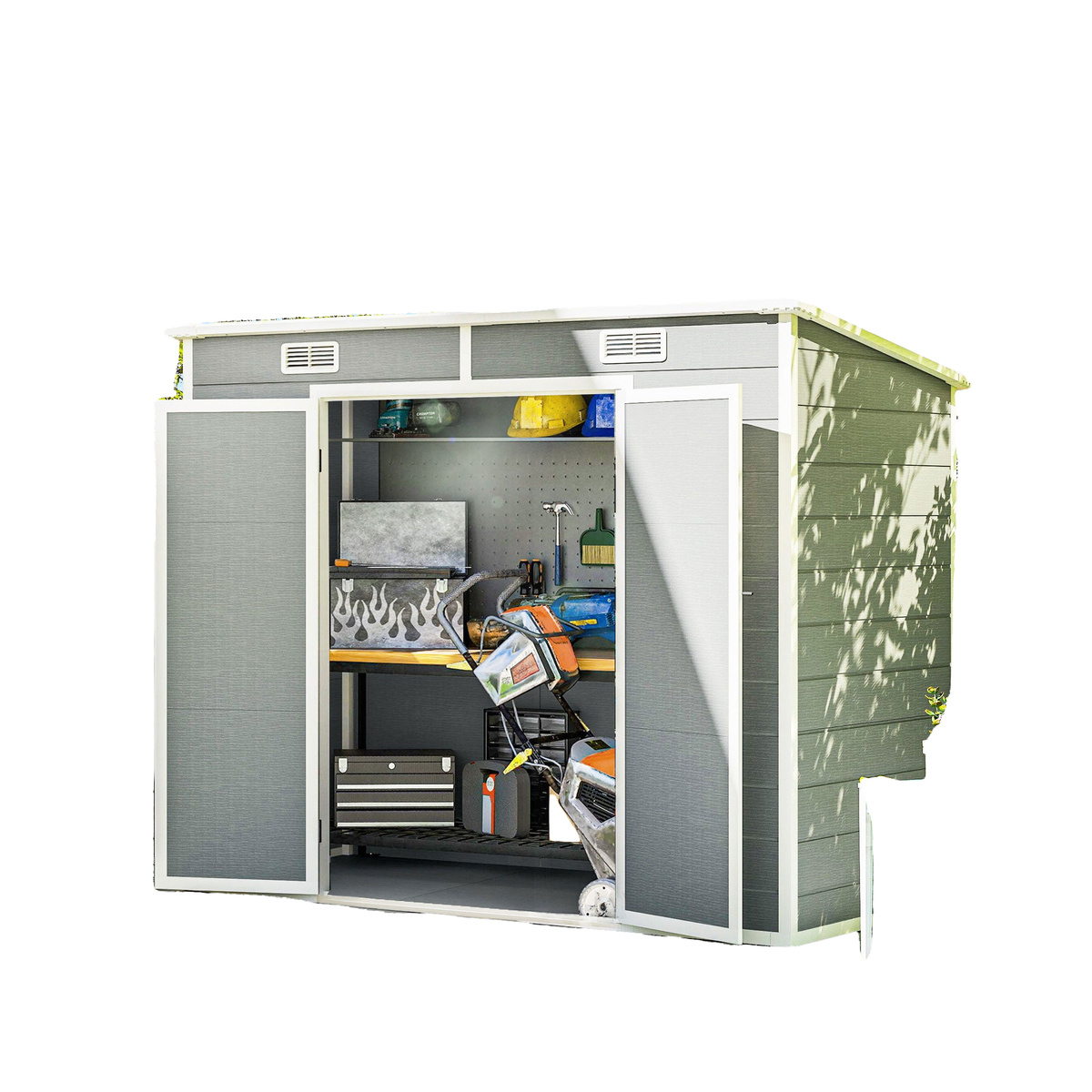 8' x 4' Resin Outdoor Storage Shed with Floor, Window, Lockable Doors and Vents for Backyard Patio Lawn, Light Grey