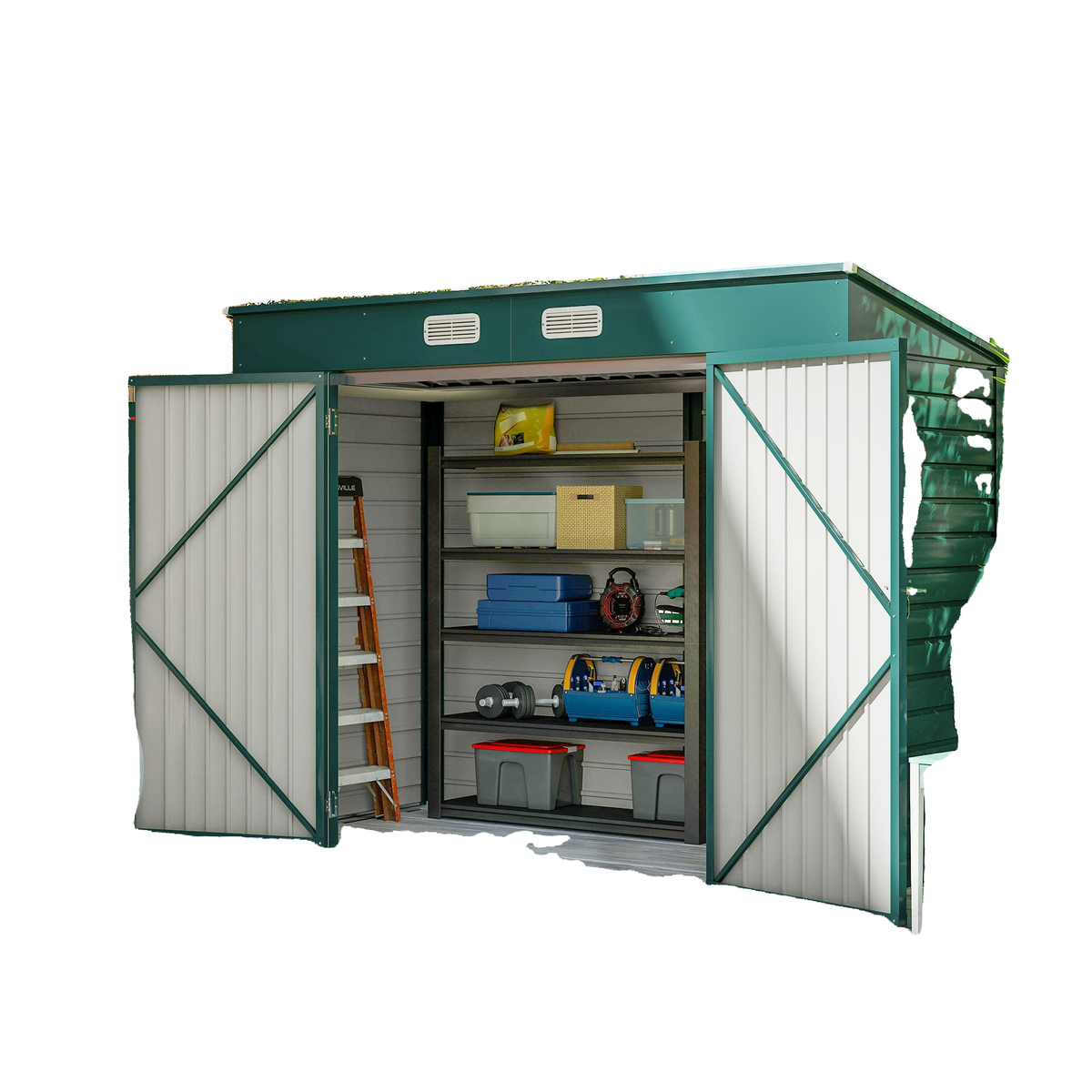 8 x 4FT Galvanized Garden Storage Shed, Metal Outdoor Shed with Double Doors and 2 Vents, Green