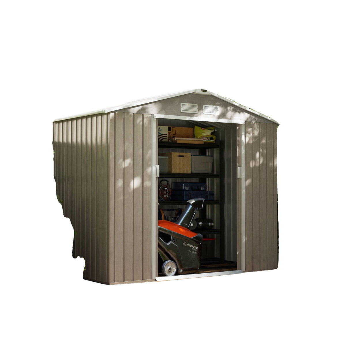 7' x 4' x 6' Garden Storage Shed Outdoor Patio Metal Tool Storage House w/ Foundation Kit and Double Doors Light Brown