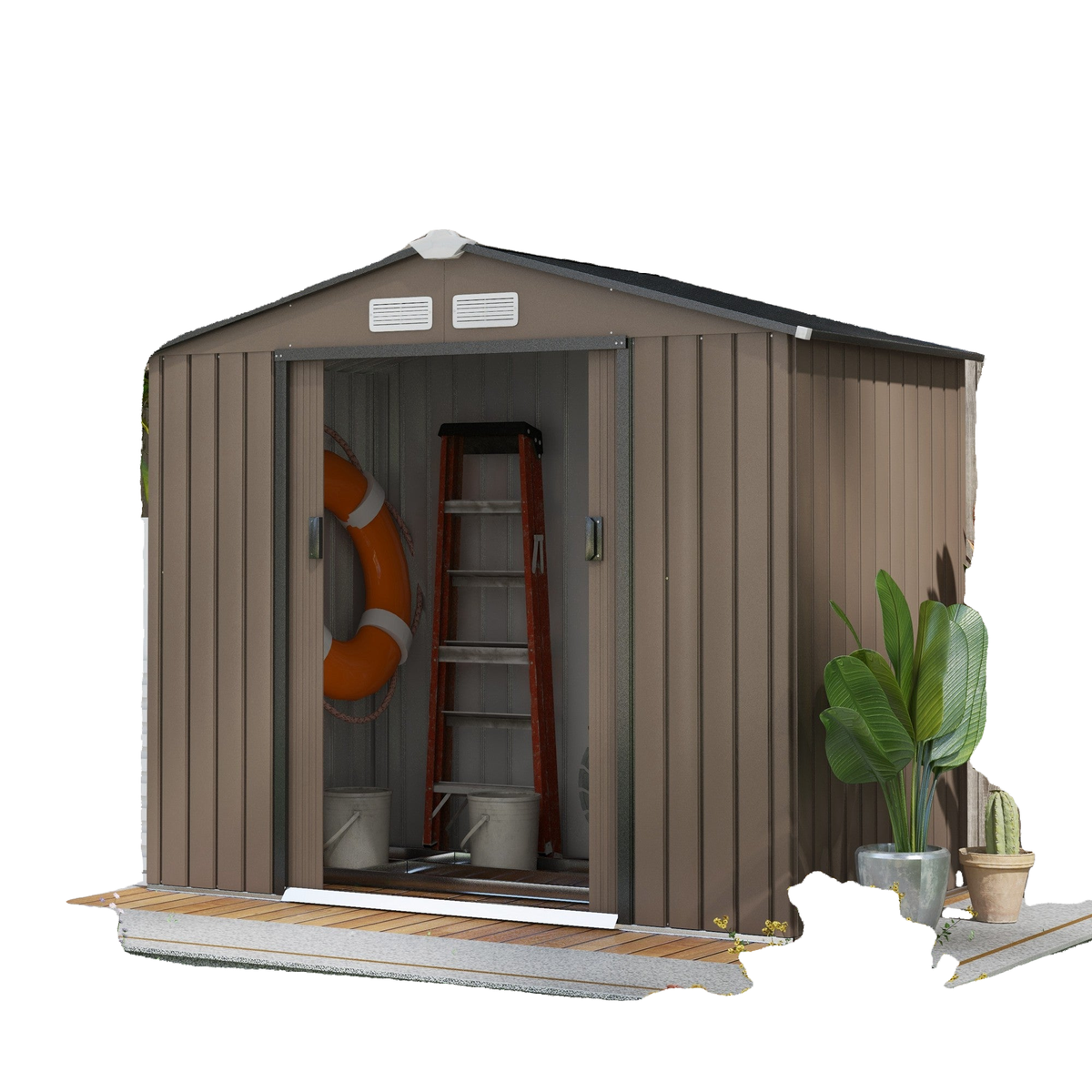 7' x 4' x 6' Garden Storage Shed Outdoor Patio Metal Tool Storage House w/ Foundation Kit and Double Doors Brown