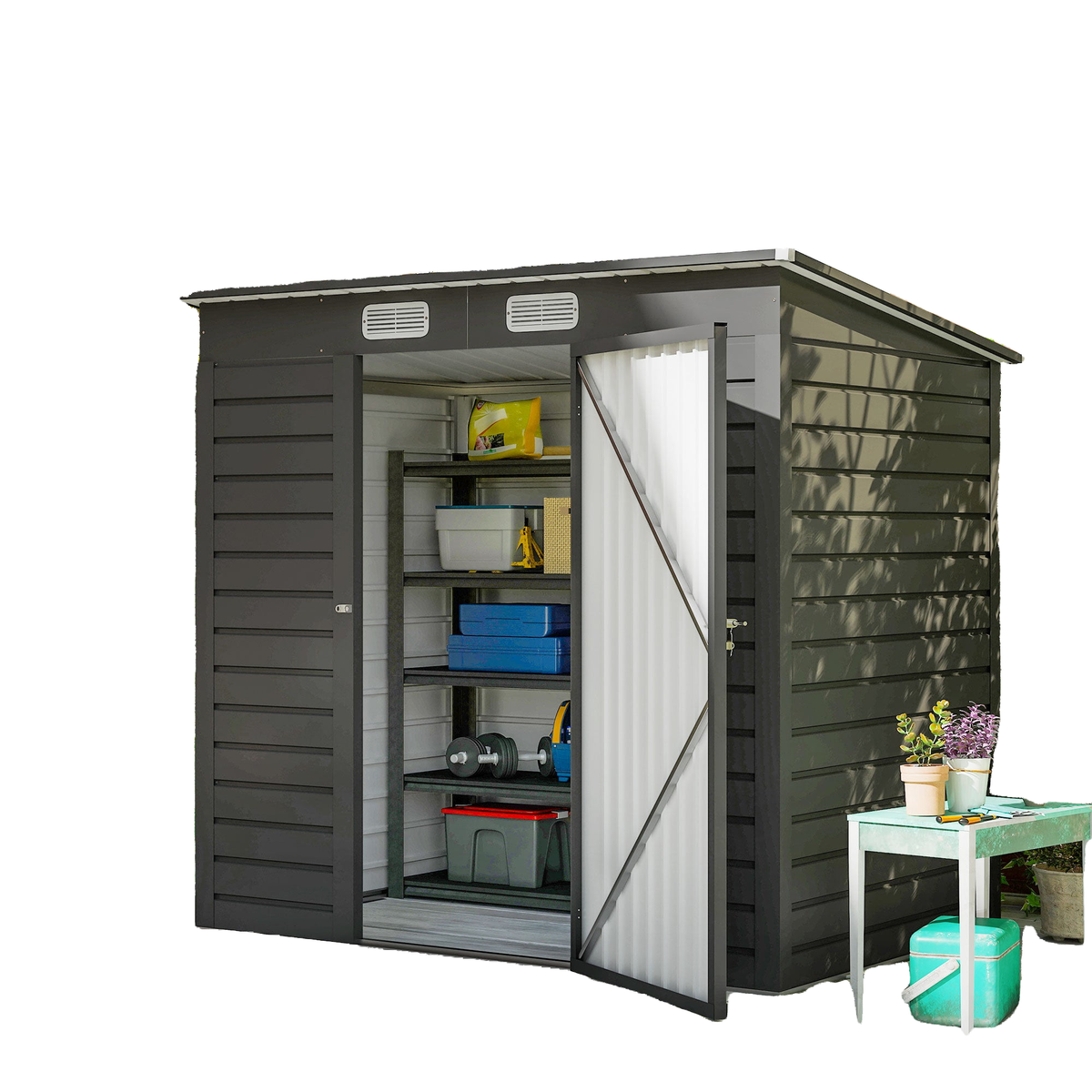 6 x 4FT Galvanized Garden Storage Shed, Metal Outdoor Shed with Double Doors and 2 Vents, Grey