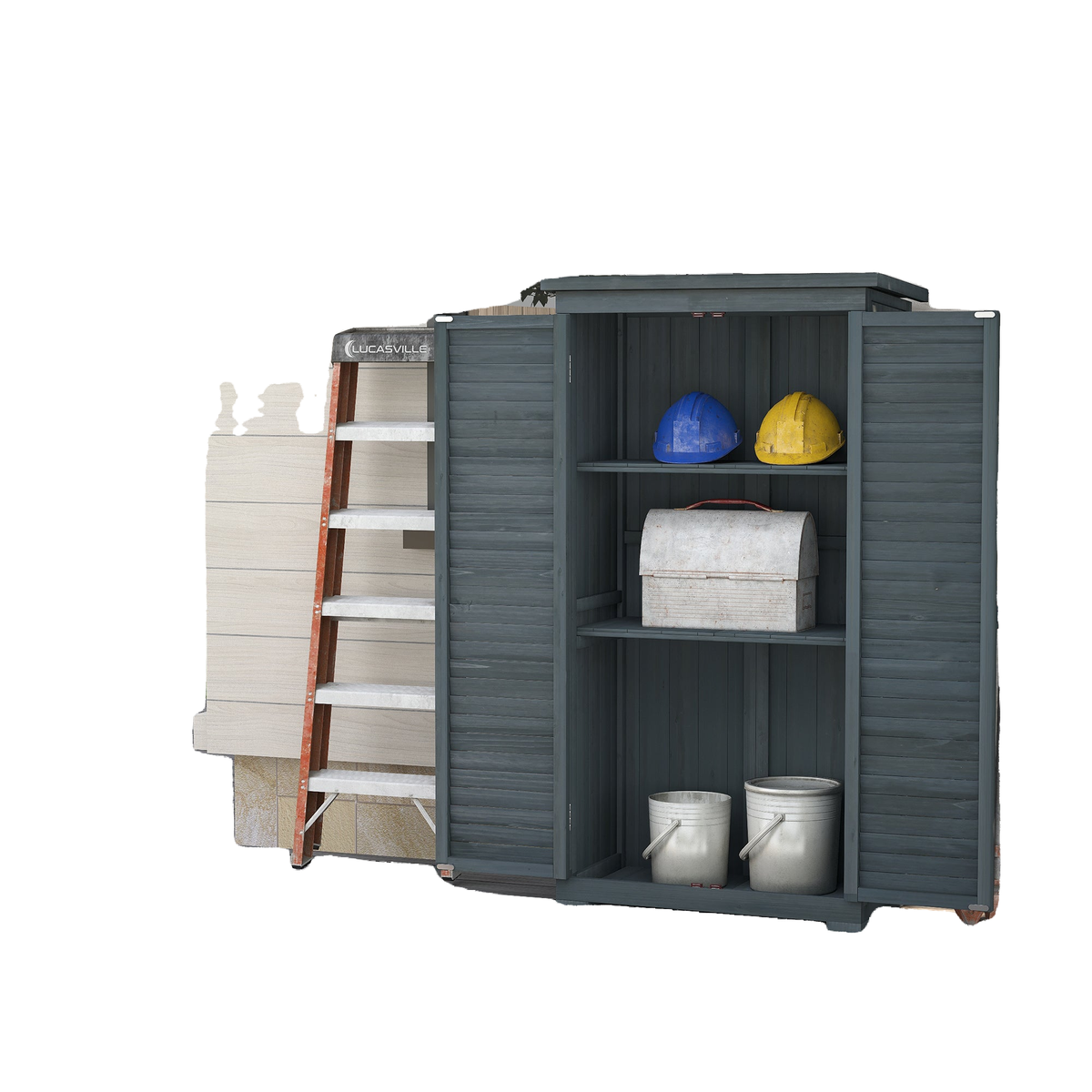 Outdoor Garden Shed, Wooden Tool Storage Shed, 3-Tier Shelves, Asphalt Roof, Shutter Doors, 34.3" x 18.3" x 63", Grey