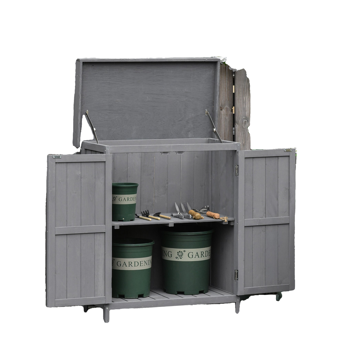 Wooden Garden Tool Storage Shed Kit with Hinged Roof, 2-Tier Shelves and Double Doors, 74x43x88cm, Dark Grey