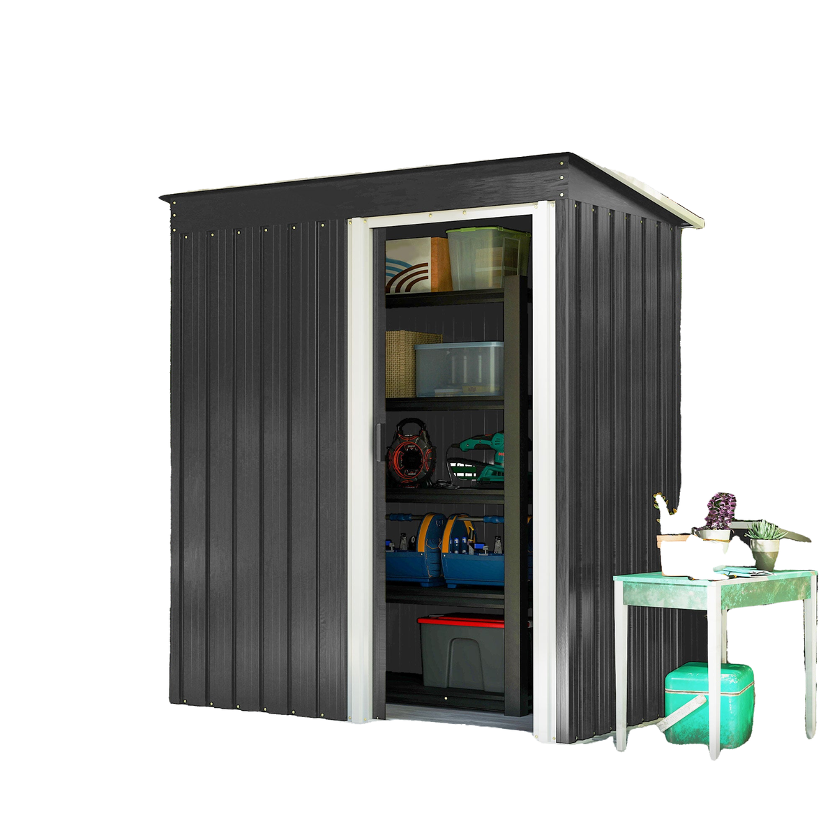 5 x 3 FT Outdoor Storage Shed with Sliding Door and Sloped Roof, Steel Frame Garden Shed Tool Equipment, Black