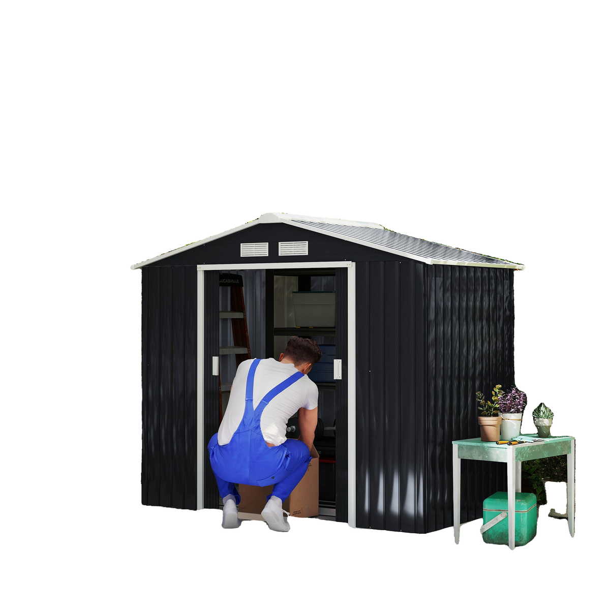 7' x 4' x 6' Garden Storage Shed Outdoor Patio Metal Tool Storage House w/ Foundation Kit and Double Doors Dark Grey
