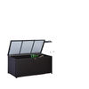 Wicker Outdoor Storage Box, 75 Gallon Deck Box with Gas Strut and Clamp Lid, Rattan Patio Storage Container for Gardening Tools, Pool Supplies, Dark Brown