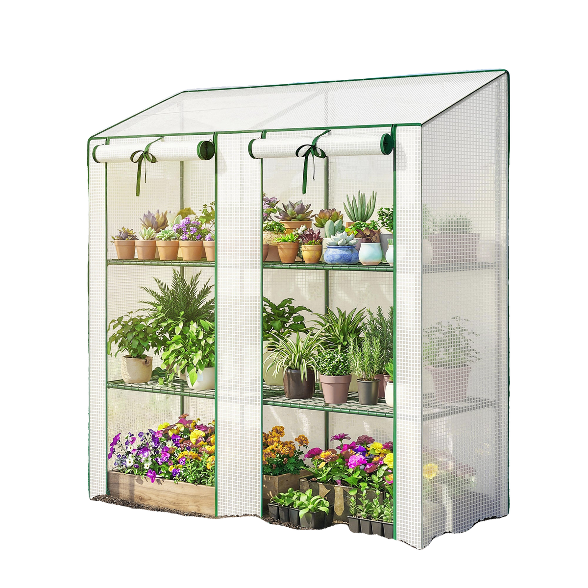 Portable Mini Greenhouse Green House with 3 Tier Shelves, Reinforced PE Cover, Roll-up Doors, 56.3"x18.1"x59.4", White