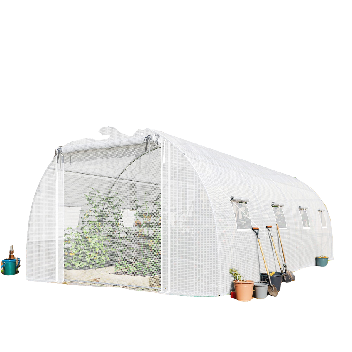 Walk-in Tunnel Greenhouse with 2 Support Rods, Mesh Door, Plant Hot House with PE Cover, 20'x10'x7', White