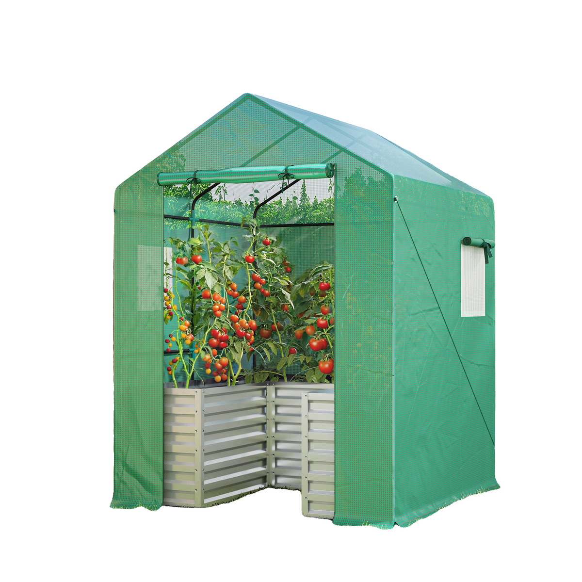 Greenhouse with Raised Garden Bed, Galvanized Metal Planter Box with PE Cover, Roll Up Door, 56" x 56" x 75", Green