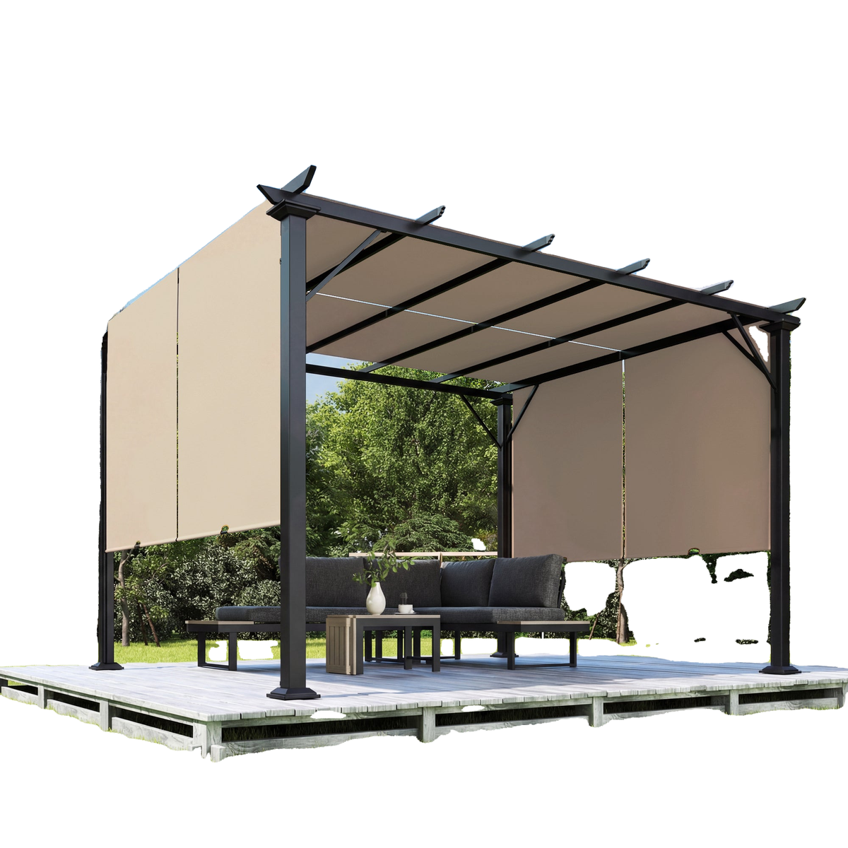 12' x 10' Outdoor Patio Gazebo Pergola with Retractable Canopy Roof, Steel Frame with Stakes, Light Brown