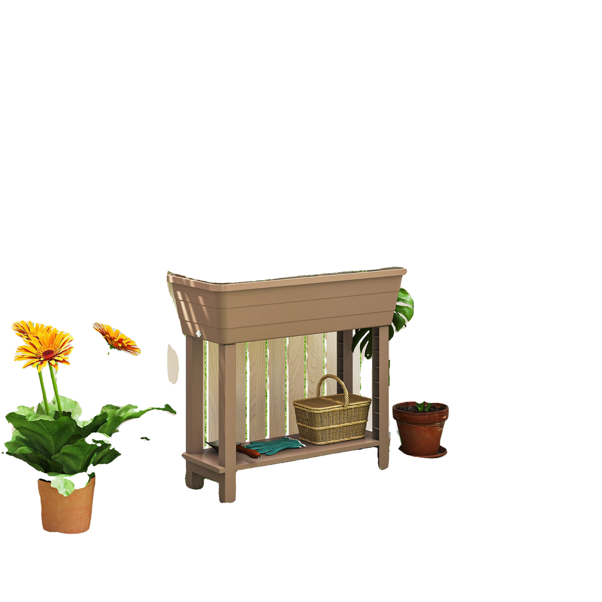 41L Self Watering Raised Garden Bed w/ Ventilation Transparent Lid Greenhouse, Planter Box w/ Storage Shelf, Brown