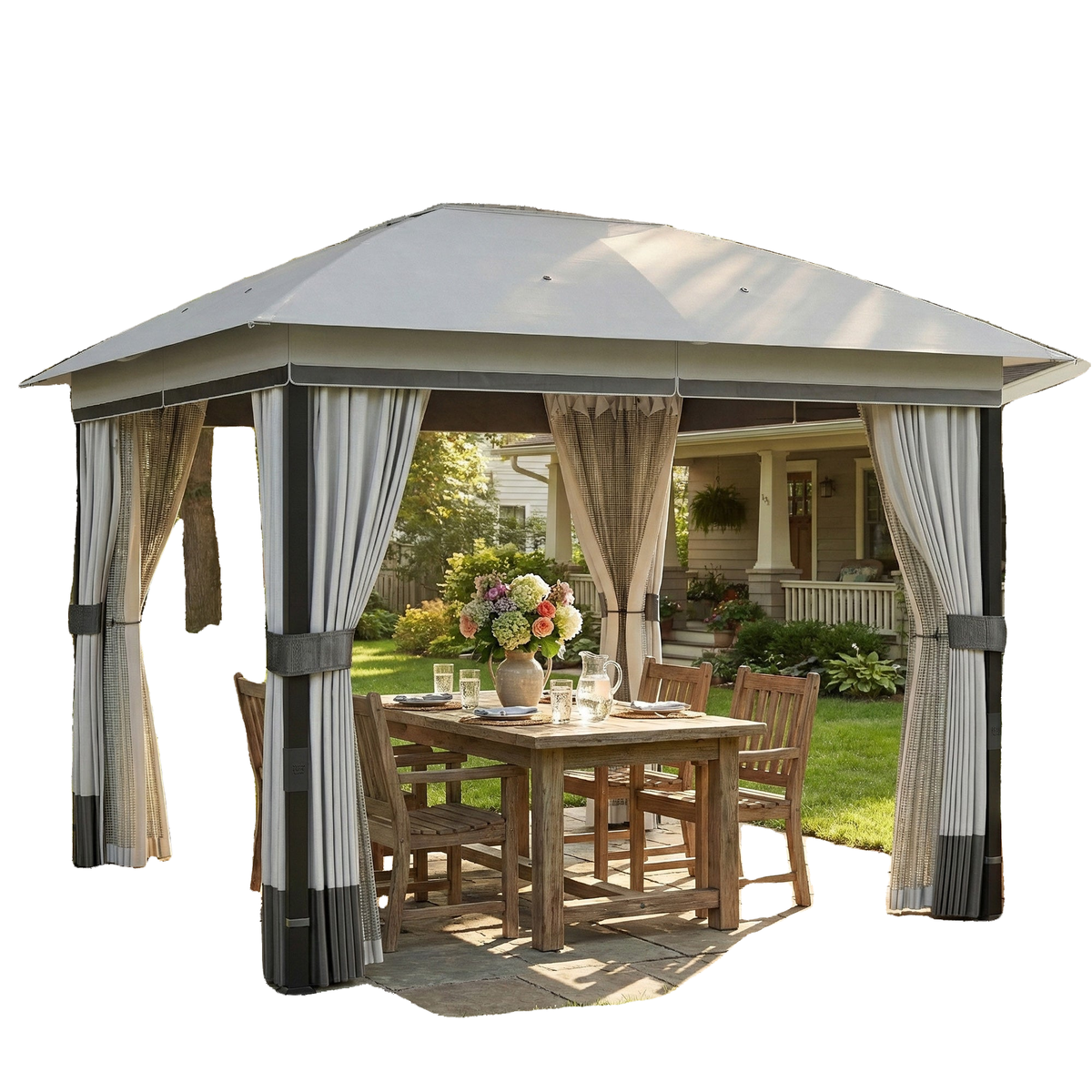 10' x 10' Patio Gazebo, UPF50+ Double Roof Outdoor Gazebo Canopy with Netting and Curtains, Steel Frame, Light Grey