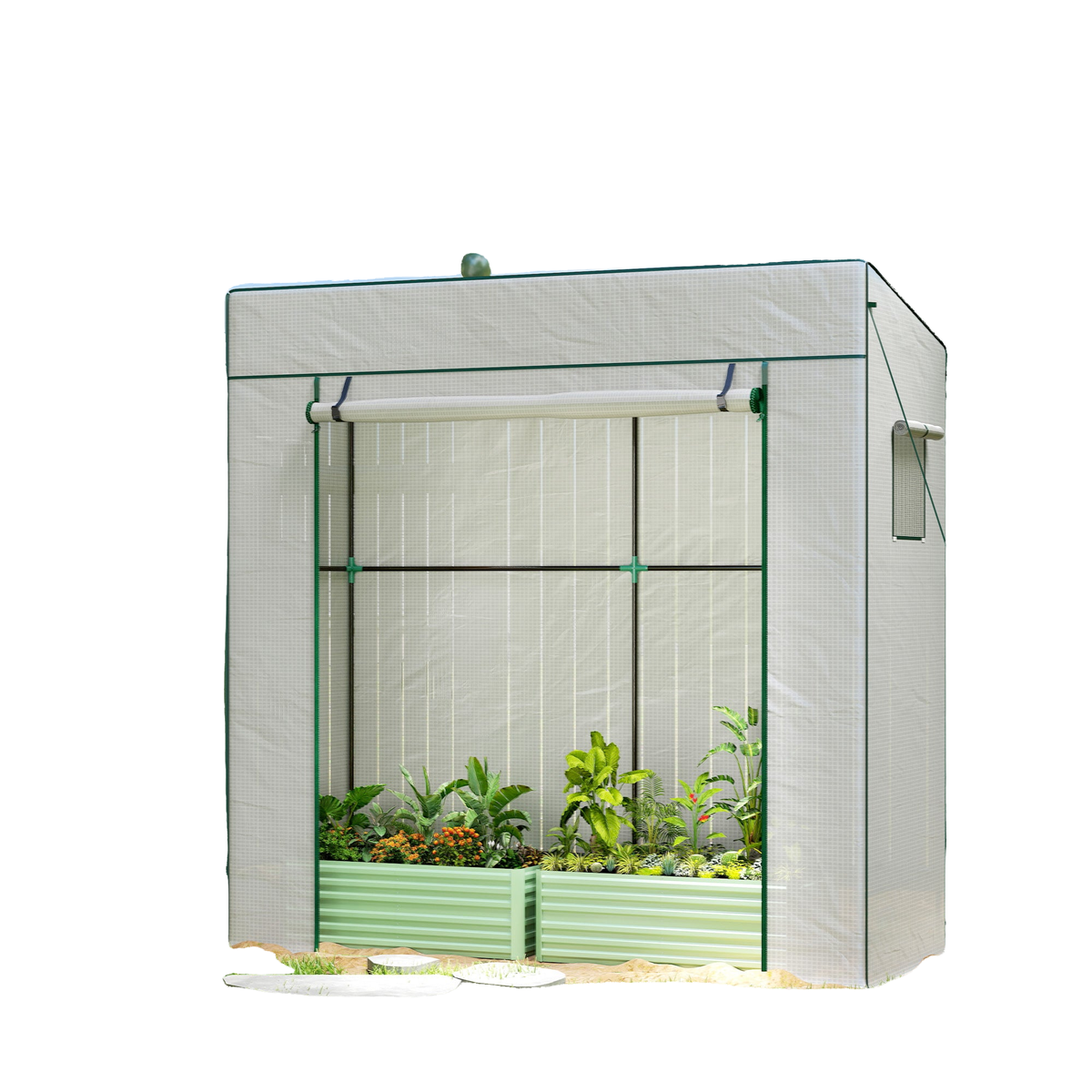 Walk-in Tomato Greenhouse Lean-to Green House with Reinforced PE Cover, Roll-up Door, Mesh Windows, White