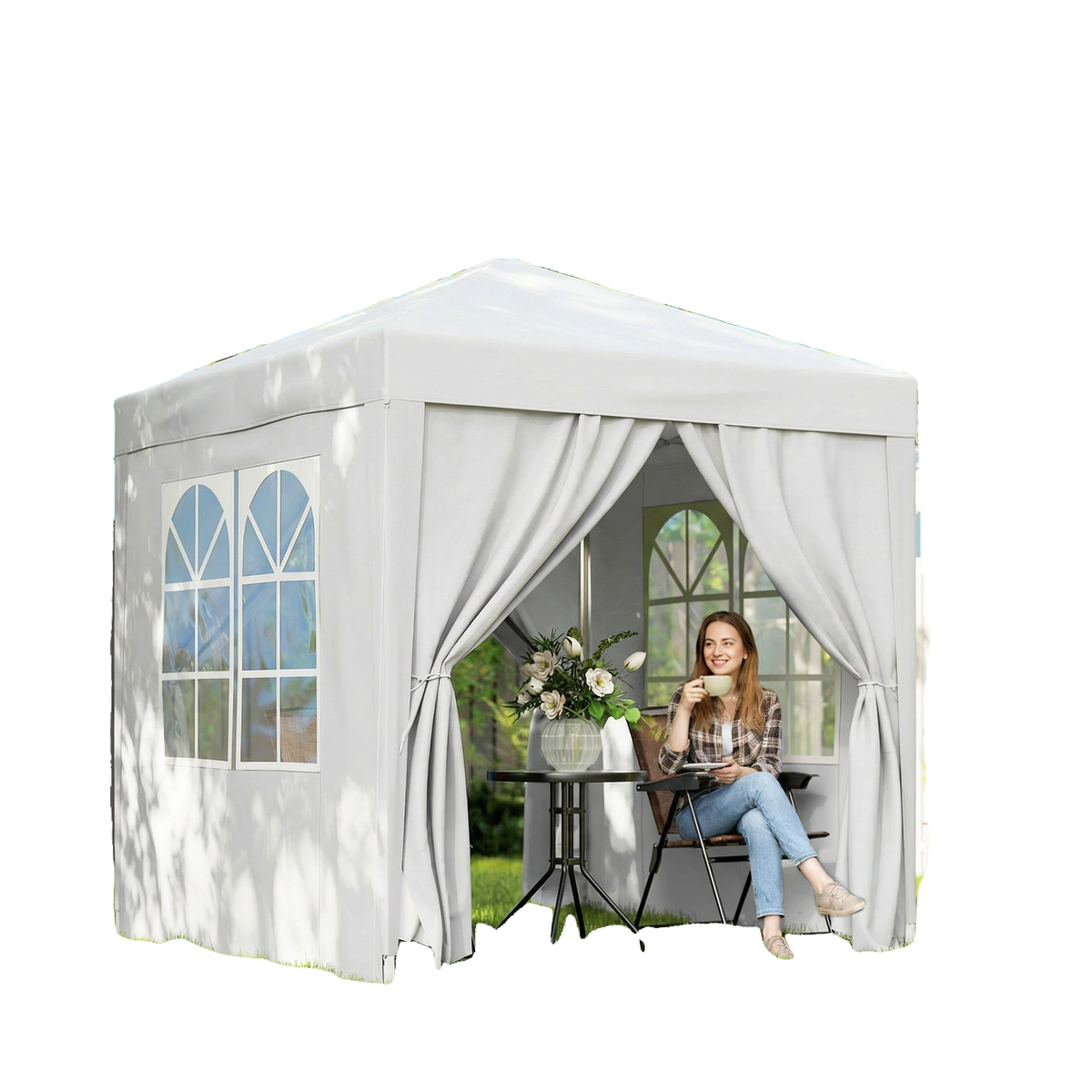6.6'x6.6' Pop Up Canopy Tent with Sidewalls, Instant Sun Shelter Camping Gazebo with Carry Bag, White