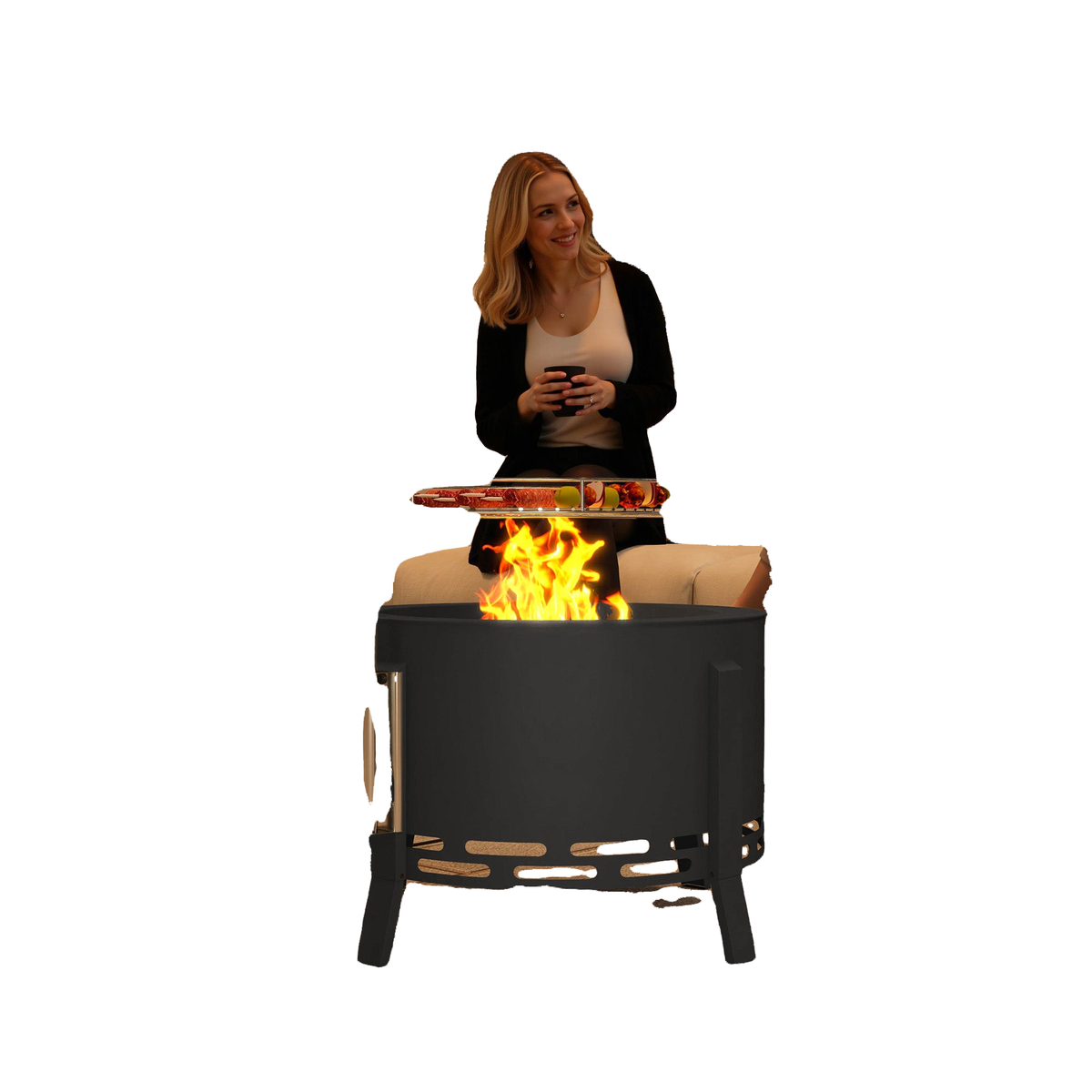 Outdoor Fire Pit, Round Firepit with Grill Grate, Fire Bowl with Ash Catcher and Poker for Backyard Camping Bonfire Picnic, Black