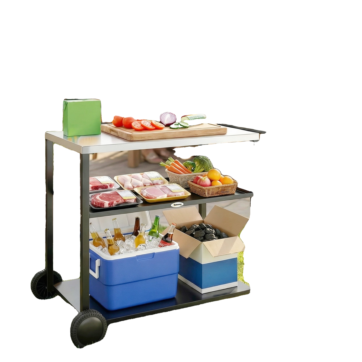Outdoor Grill Cart with Stainless Steel Tabletop, 3-Tier BBQ Stand, Movable Food Prep Table on Wheels, Black