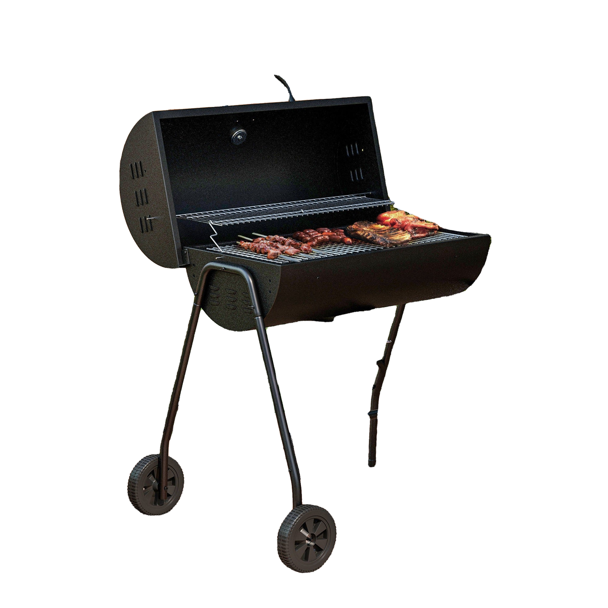 Barrel Charcoal BBQ Smoker, Barbecue with 420 sq.in. Cooking Area, Wheels, Ash Catcher, Black