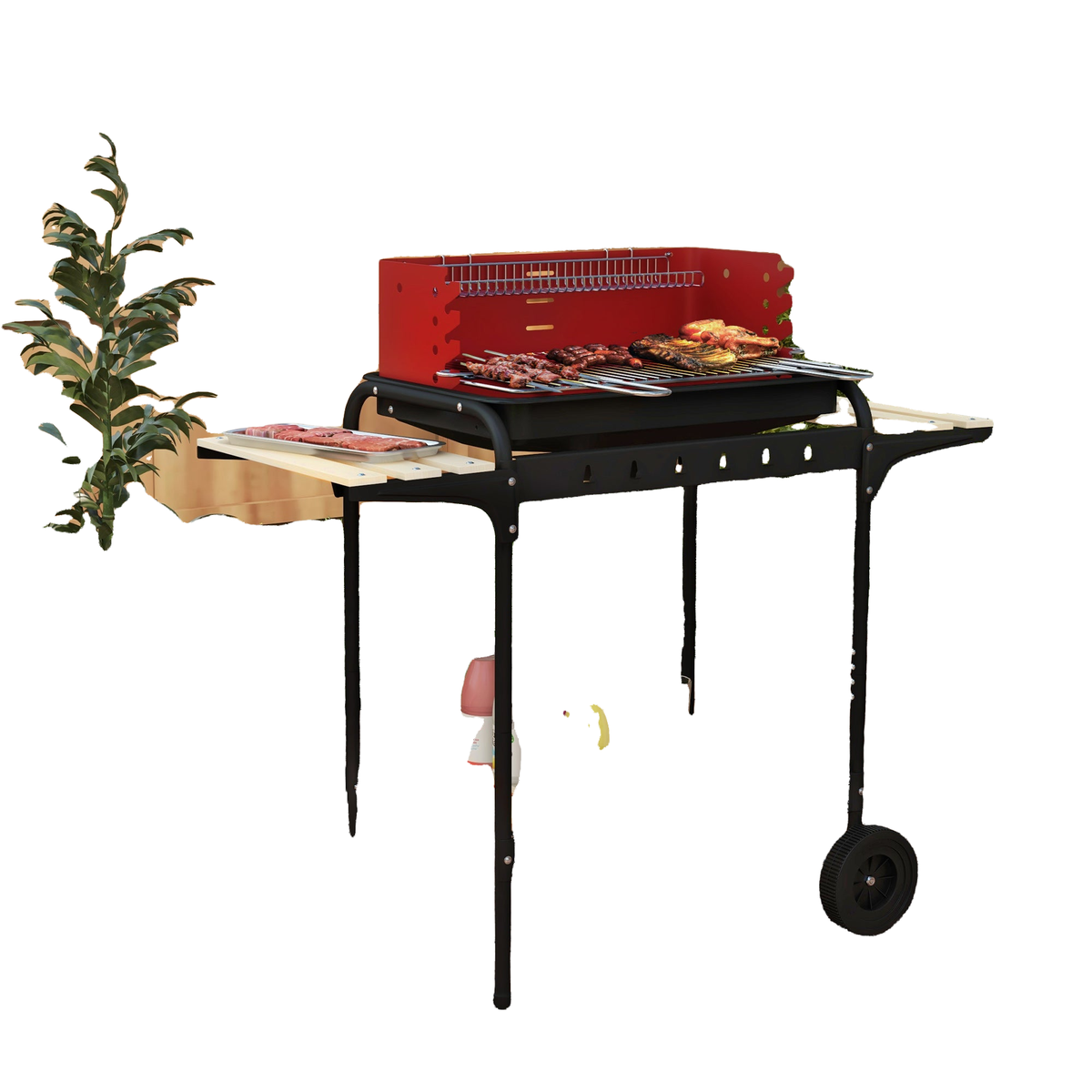 Charcoal Barbecue Grill with Adjustable Grill Height, Portable BBQ Trolley with Ash Catcher and Wheels, Red