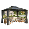 10' x 12' Outdoor Gazebo Canopy, Double Roof Hardtop Gazebo with Polycarbonate Roof, Steel Frame, Nettings and Curtains