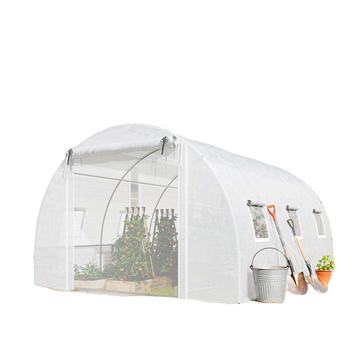 Walk-in Tunnel Greenhouse, Plant Hot House w/ Support Rods, Roll-up Mesh Door, Mesh Windows, 13'x9.8'x6.6', White