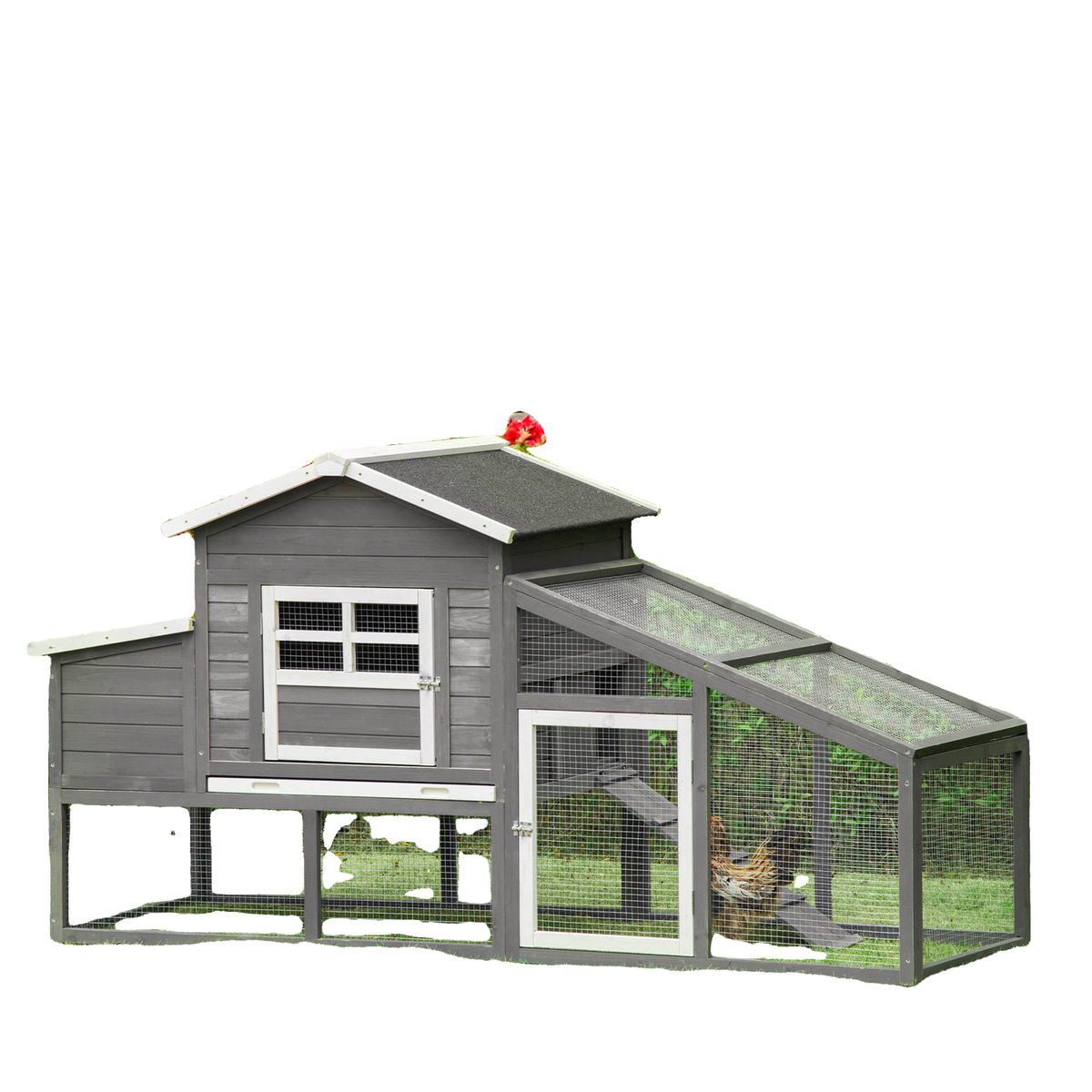 79" Wooden Chicken Coop, Outdoor Hen House, Poultry Habitat with Removable Tray, Nesting Box, Run, Ramp, Grey