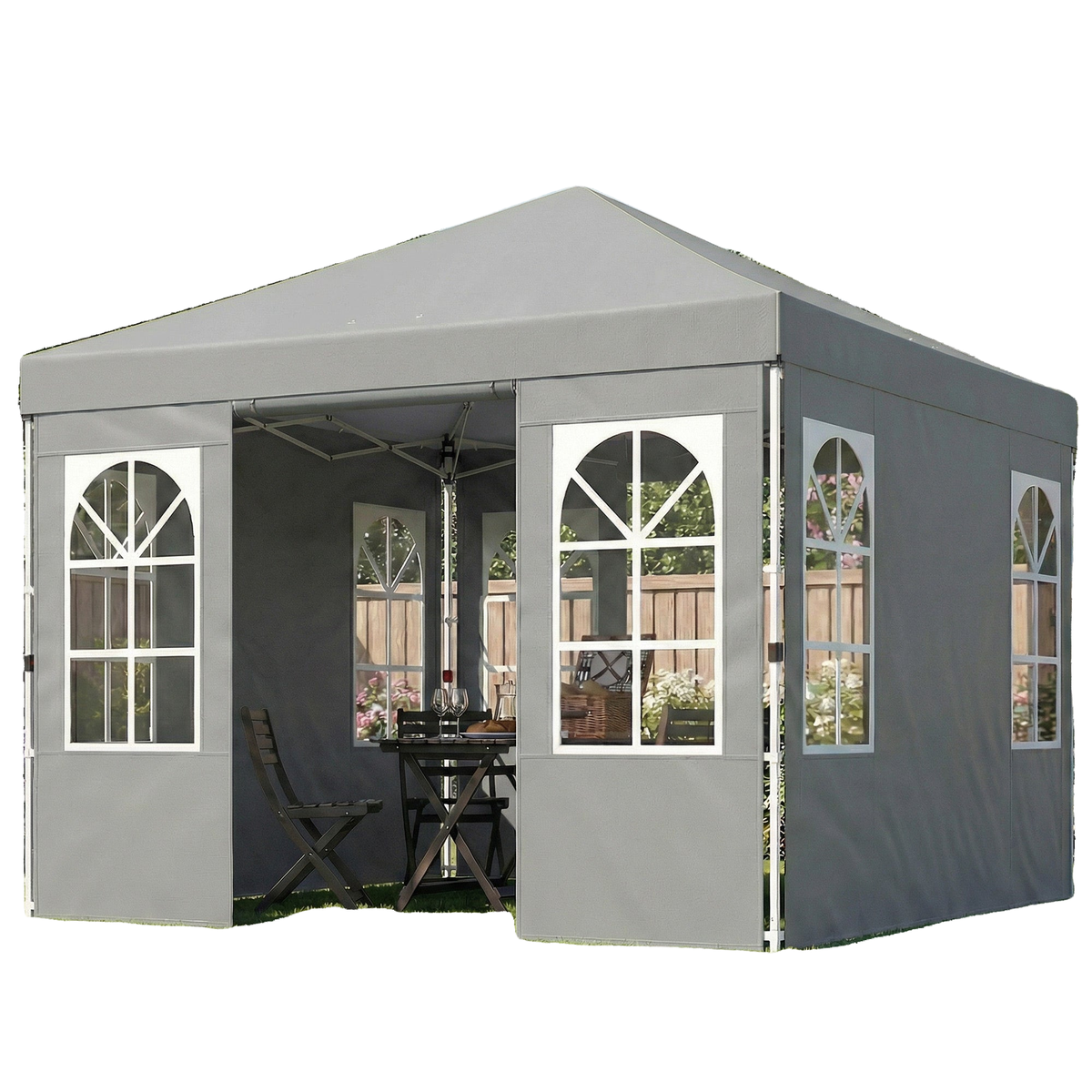 9.6 x 9.6 ft Pop Up Canopy Tent with 4 Sidewalls, UPF 50+ 1-Button Push Easy Setup Outdoor Instant Canopy, Light Grey