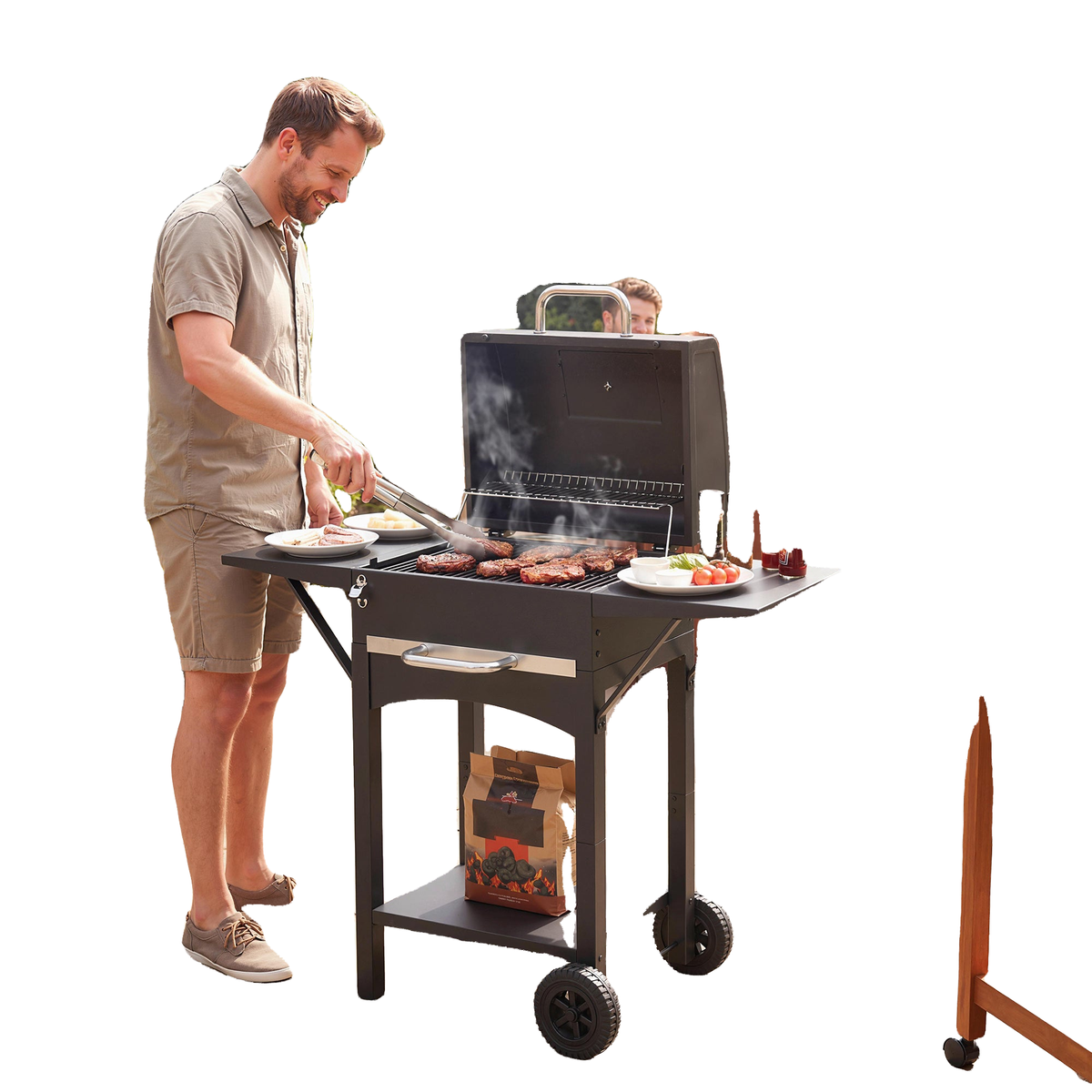 Charcoal Grill with 2 Side Tables, Barbecue Grill with Thermometer and Warming Rack, Wheels, 43.3"x18.3"x39.8", Black
