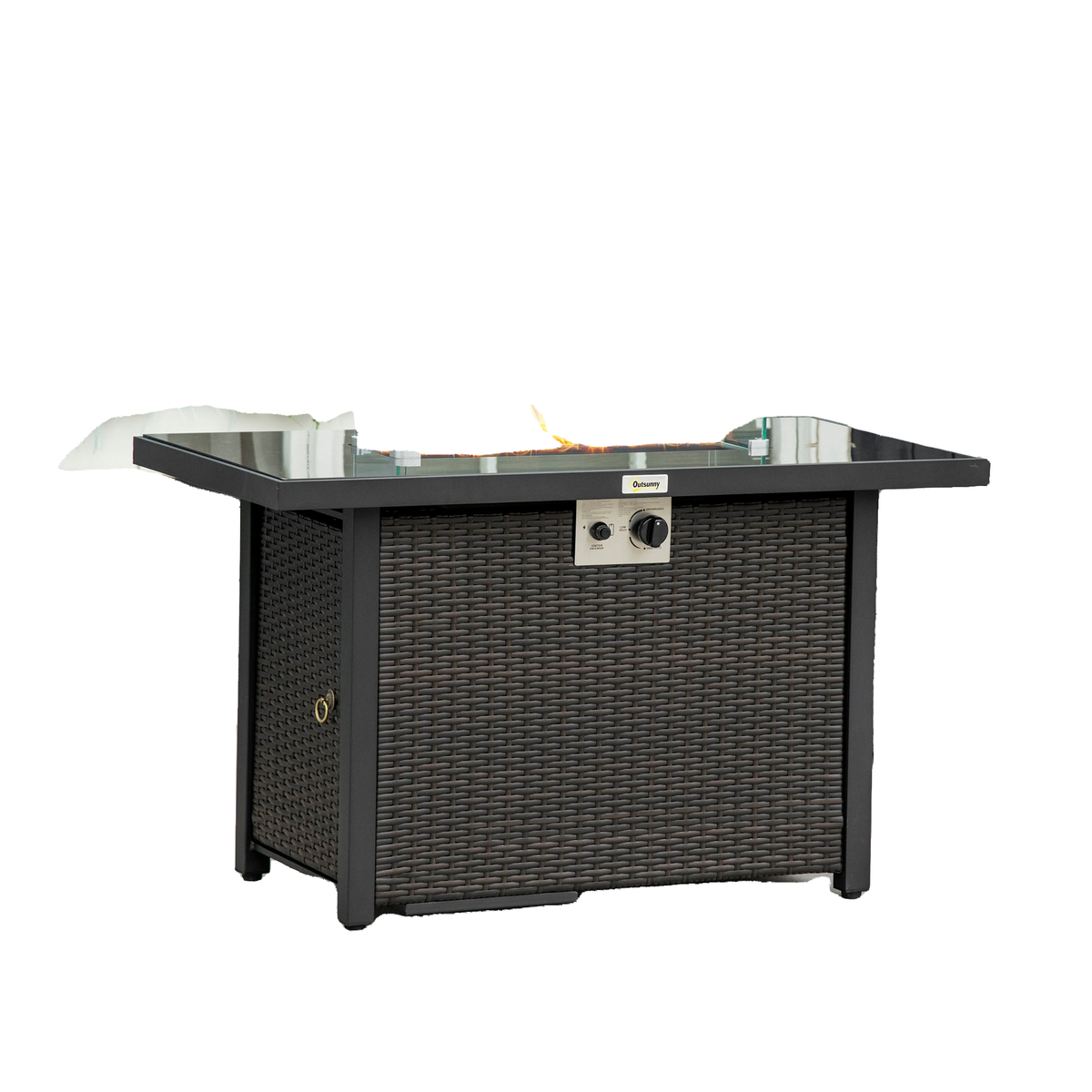 Propane Fire Pit Table 43" Outdoor Fire Table, 50,000 BTU Pulse-Ignition Wicker Firepit Furniture with Glass Wind Guard, Blue Glass Rock, CSA Certification, Coffee