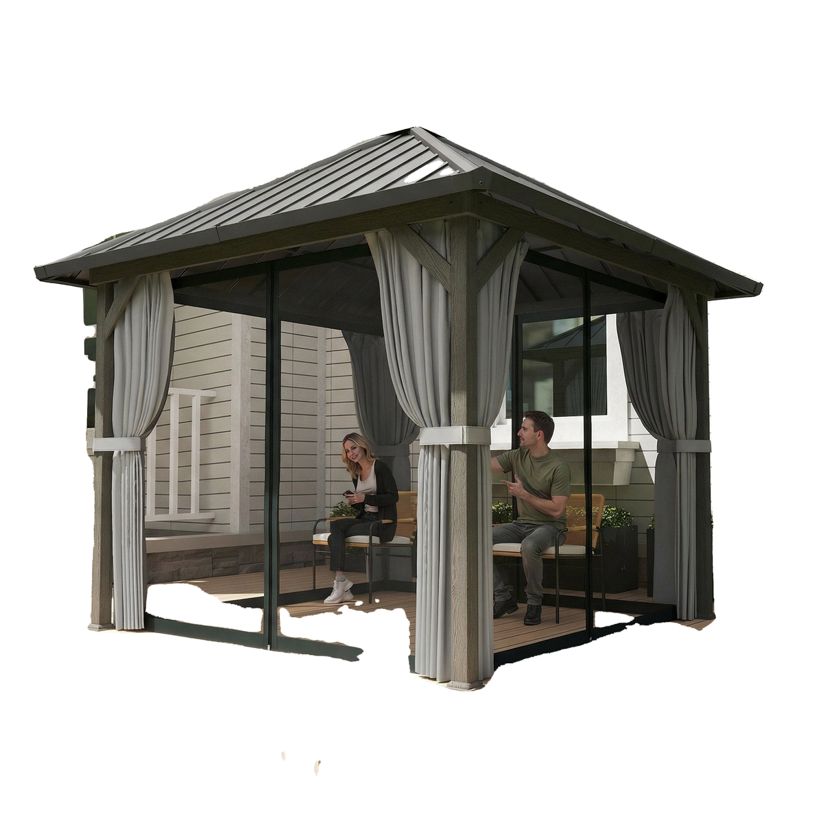 10' x 10' Hardtop Gazebo with Galvanized Steel Roof, Permanent Garden Gazebo with Netting and Curtains