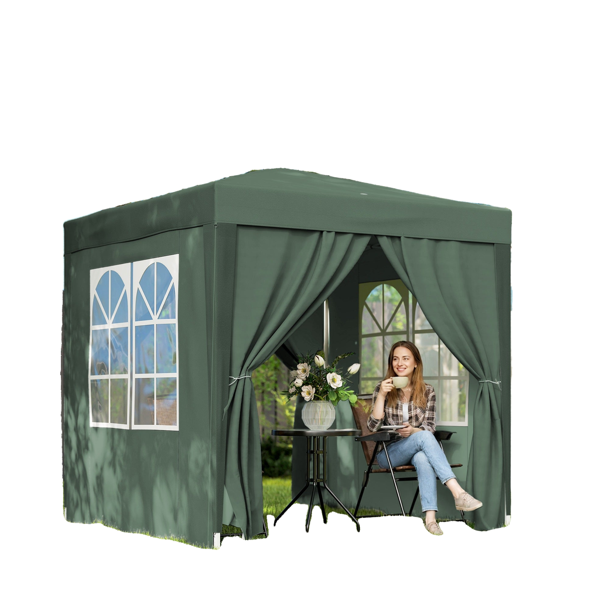 6.6'x6.6' Pop Up Canopy Tent with Sidewalls, Instant Sun Shelter Camping Gazebo with Carry Bag, Dark Green