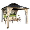 10 x 10 Hardtop Gazebo with Curtains, Wood Patio Gazebo with Double Steel Roof, Hook, Light Grey