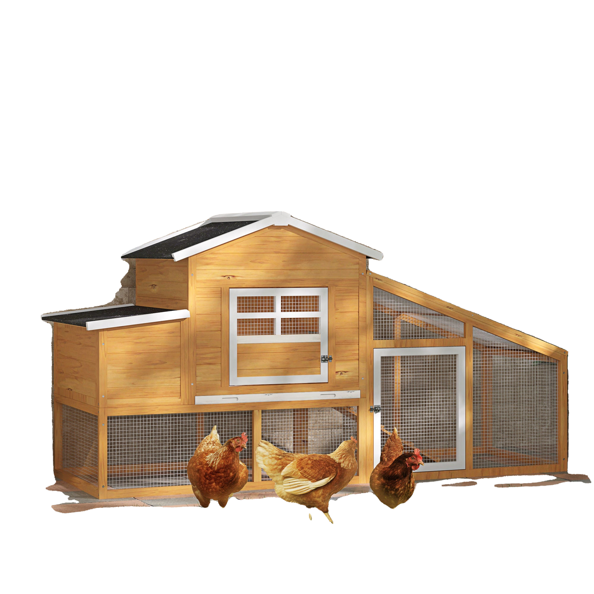 79" Wooden Chicken Coop, Outdoor Hen House, Poultry Habitat with Removable Tray, Nesting Box, Run, Ramp, Brown