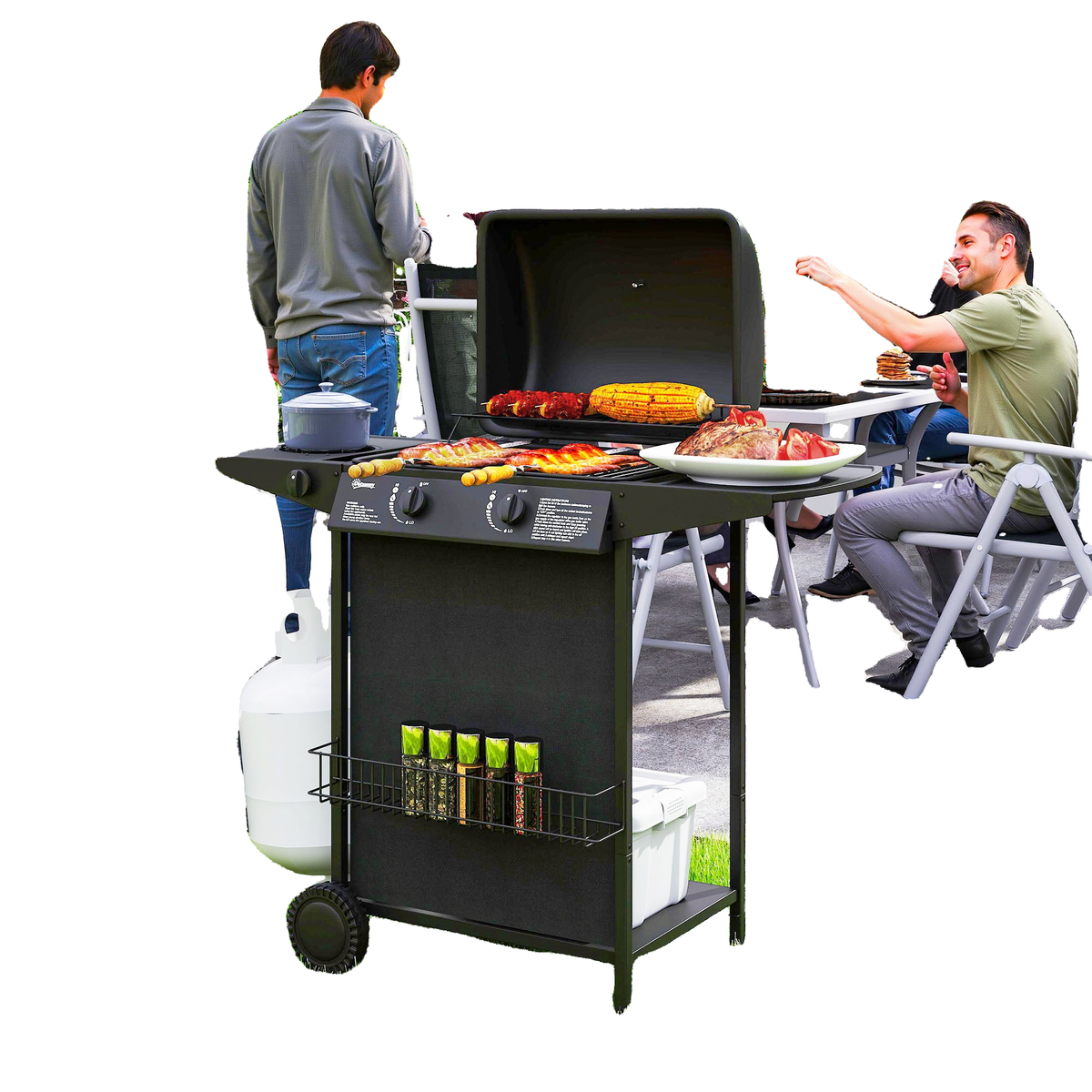2+1 Burner Propane Gas BBQ Grill, Portable Gas Barbecue Grill with Side Burner, Thermometer, Lid, Side Table, Shelf, Spice Rack, Wheels, Grease Cup for Garden, Black