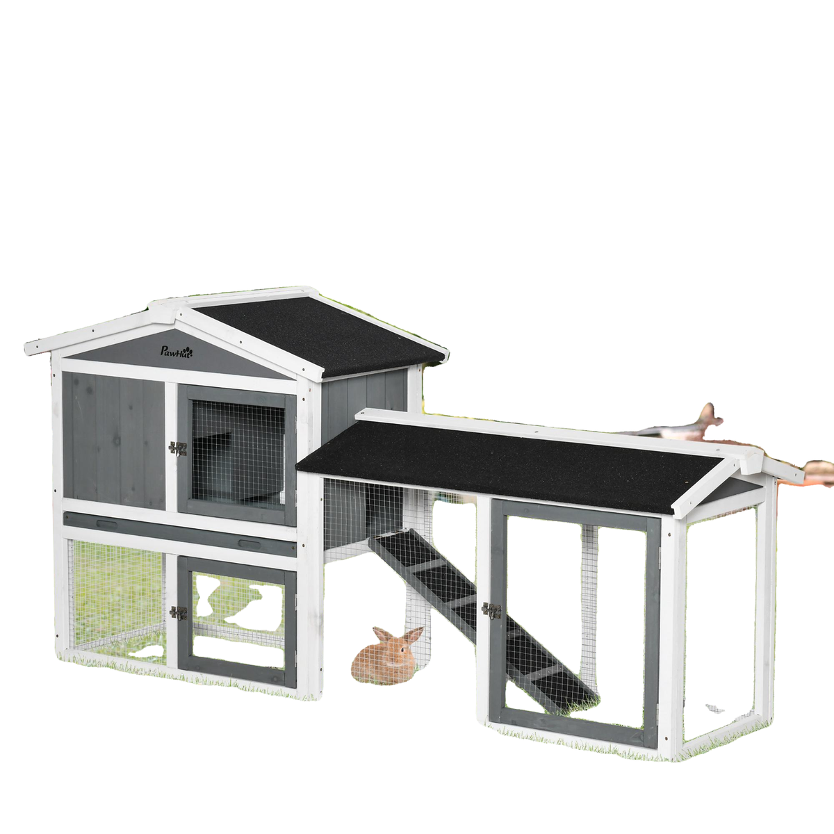 69"L Wooden Rabbit Hutch Pet Playpen Bunny House Enclosure with Run Box, Slide-out Tray, Ramp, White