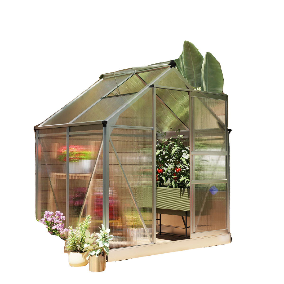 6' x 4' x 6.6' Polycarbonate Greenhouse, Walk-In Green House Kit Garden, Plants Grow, Galvanized Sheet Aluminum Frame with Rain Gutter, Vent and Sliding Door, Silver