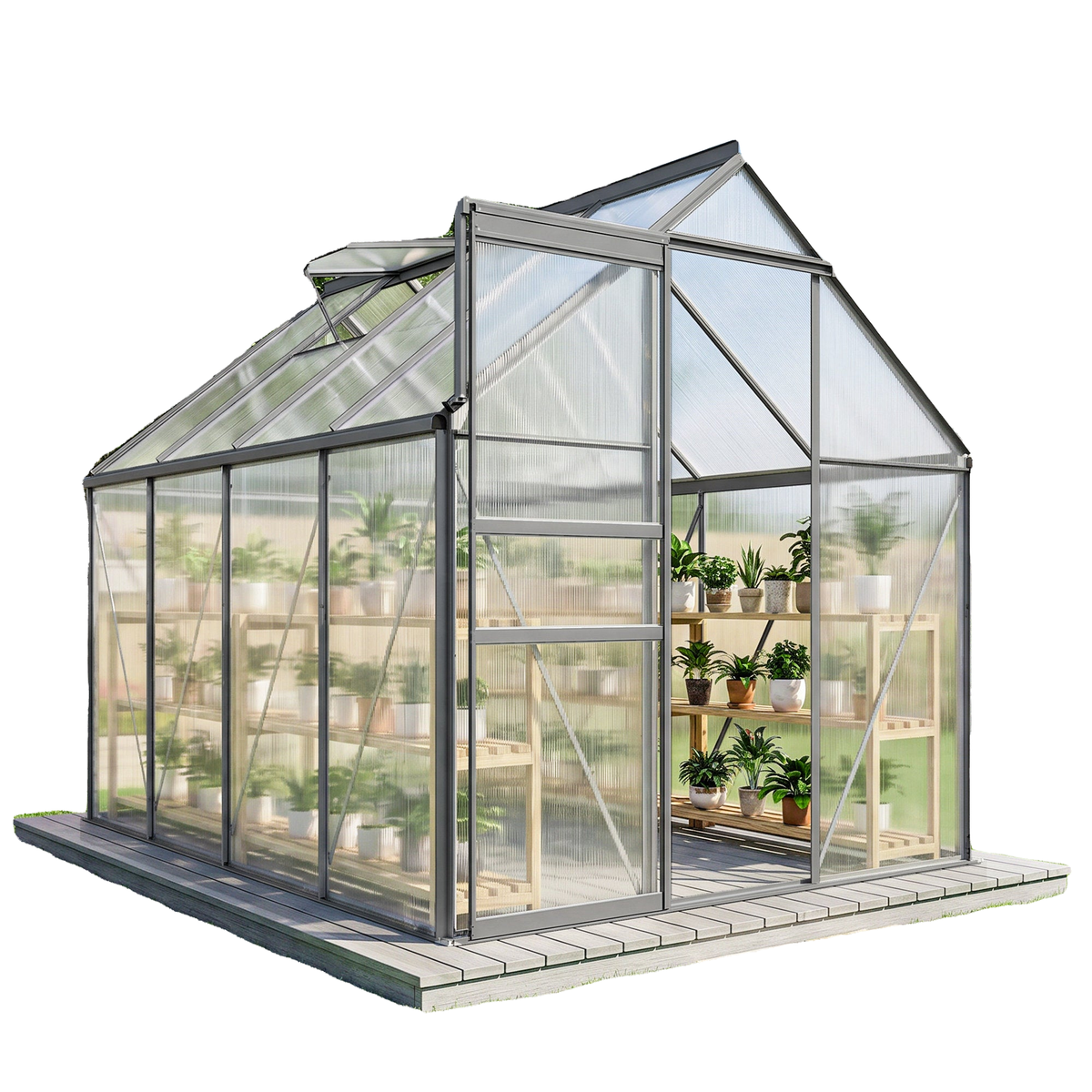 6' x 8' x 6.5' Polycarbonate Greenhouse, Walk-in Green House with Adjustable Roof Vent Galvanized Base Sliding Door Rain Gutter for Outdoor Garden Backyard, Charcoal Grey