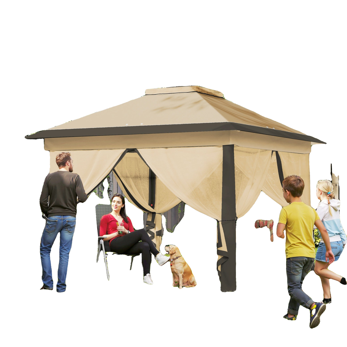 11' x 11' Pop Up Gazebo, Double Roof Foldable Height Adjustable Canopy Tent with Mesh Sidewalls, Carrying Bag, Beige