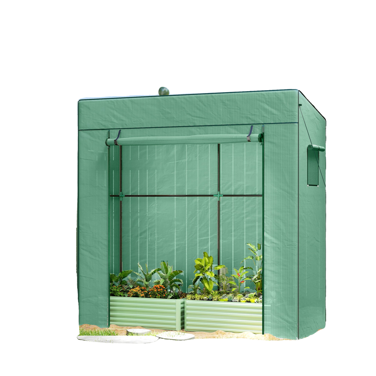 Walk-in Tomato Greenhouse Lean-to Green House with Reinforced PE Cover, Roll-up Door, Mesh Windows, Green